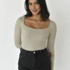 Hauts^Outfitbook Top côtelé à encolure carrée BEIGE
