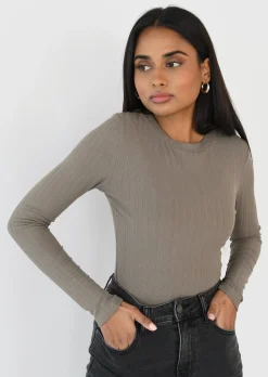 Hauts^Outfitbook Top côtelé manches longues TAUPE