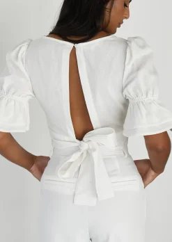 Hauts^Outfitbook Top en lin manches bouffantes BLANC