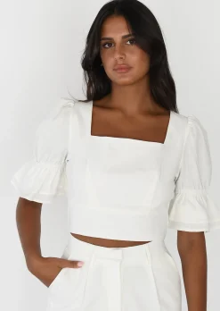 Hauts^Outfitbook Top en lin manches bouffantes BLANC