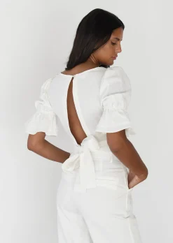 Hauts^Outfitbook Top en lin manches bouffantes BLANC