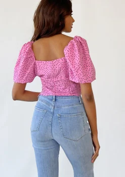 Hauts^Outfitbook Top manches bouffantes à pois ROSE