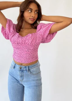 Hauts^Outfitbook Top manches bouffantes à pois ROSE